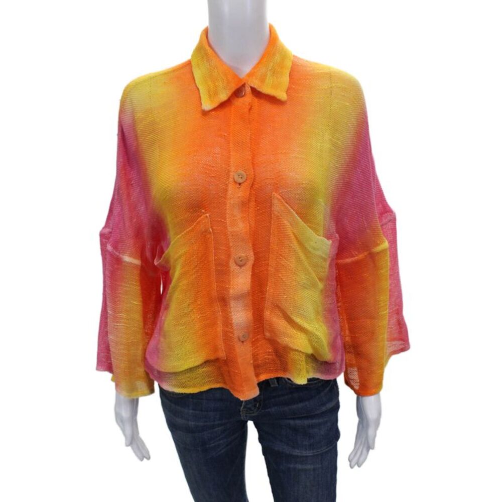Avant Toi Womens Button-Up Linen Collared Colorblock Long Sleeve Top Size M